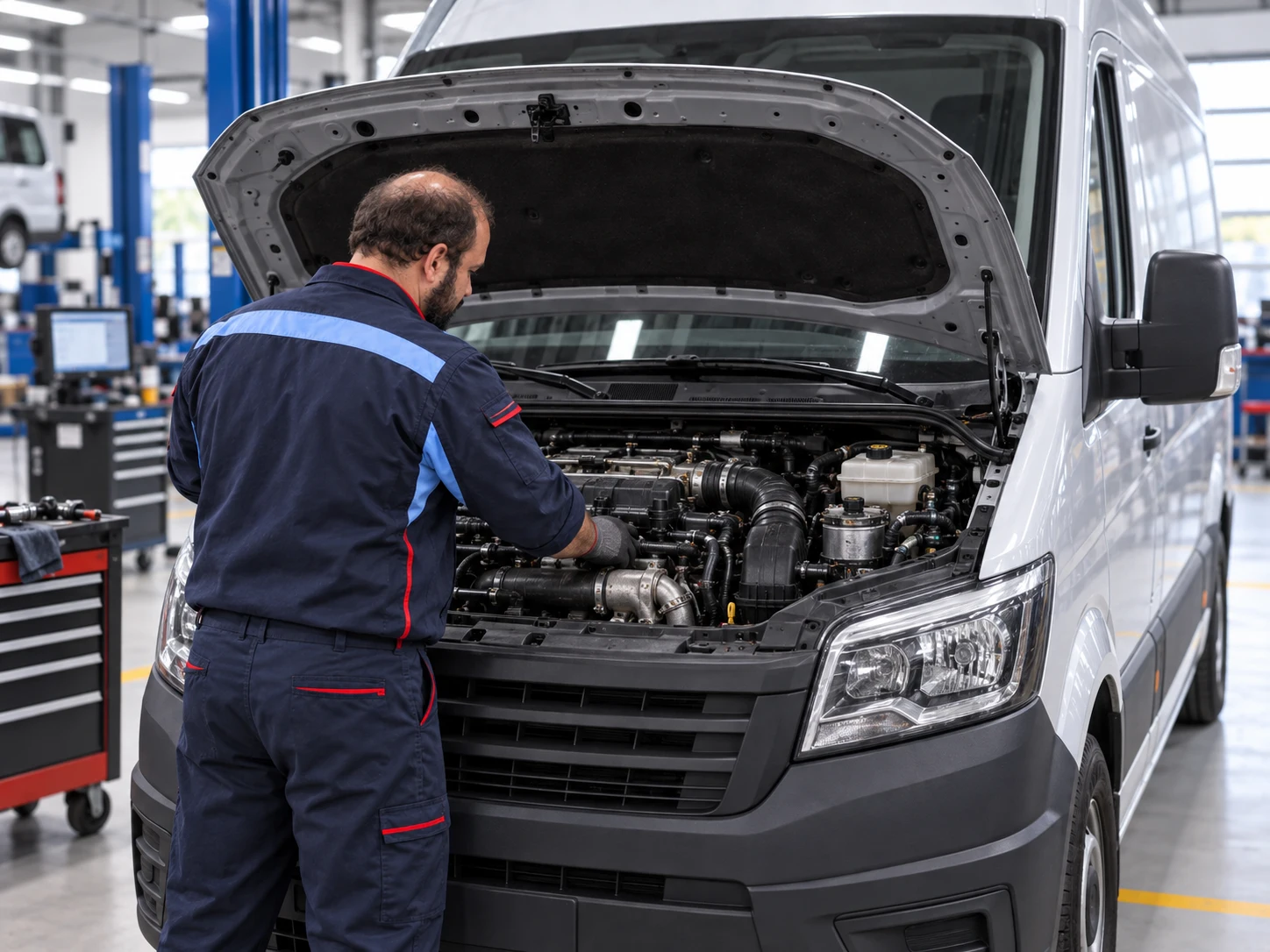 Técnico realizando manutenção no motor diesel de um veículo utilitário