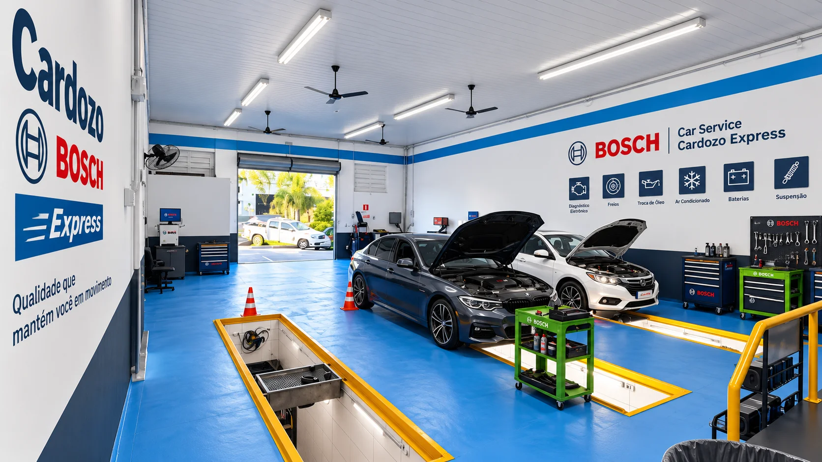 Espaço interno da Cardozo Bosch Express com veículos em manutenção