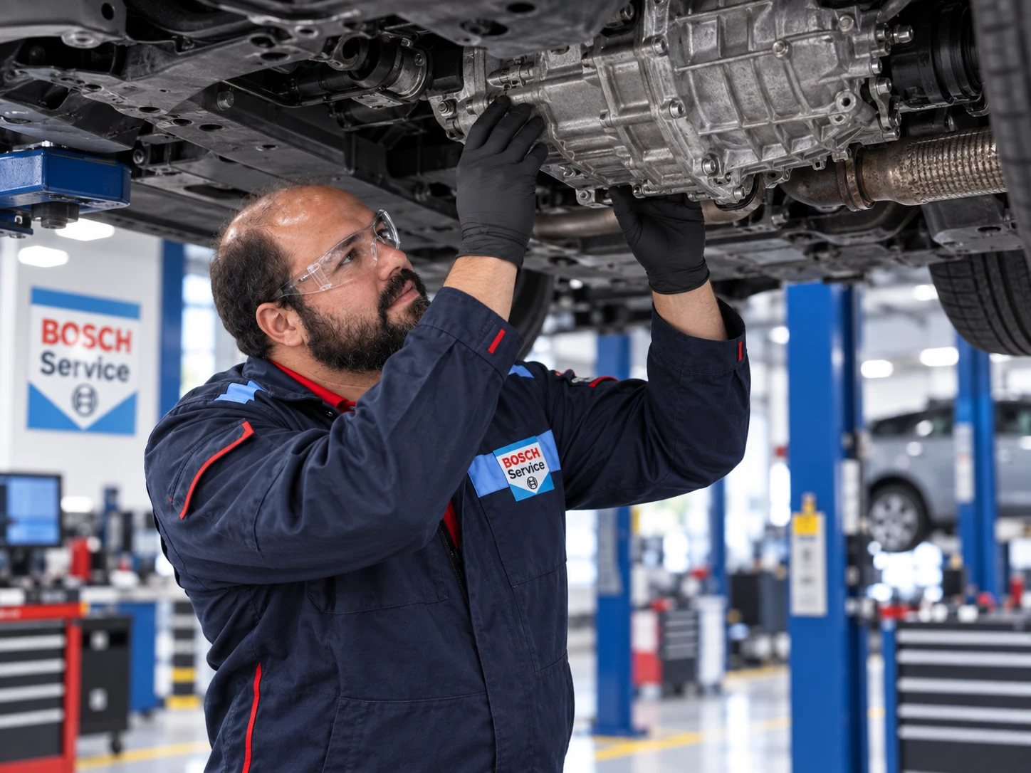 Técnico Bosch inspecionando os componentes mecânicos na parte inferior de um veículo