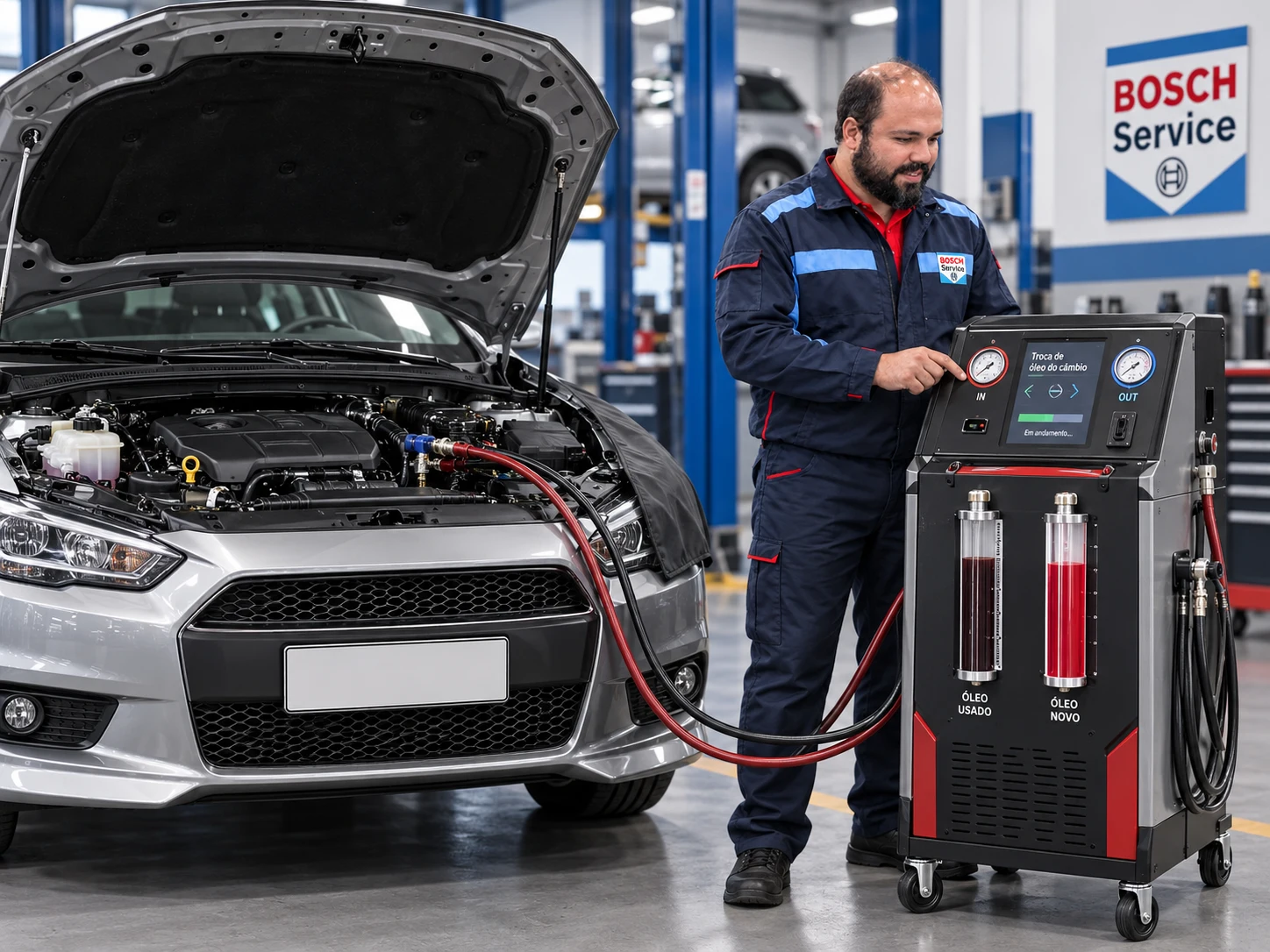 Técnico realizando a troca do óleo do câmbio com equipamento especializado